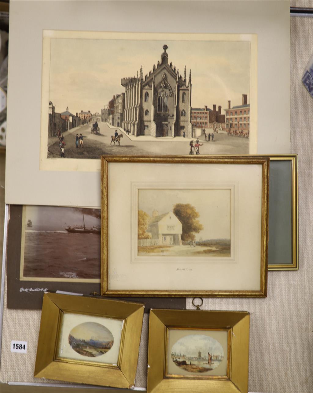 Attributed to David Cox, watercolour, Figures passing a house, 13 x 18cm, with two small oval watercolours and a group of assorted prin